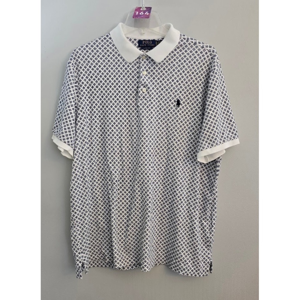 Polo Ralph Lauren Mens Polo Shirt White Blue Geometric Classic Fit SS Size XL
